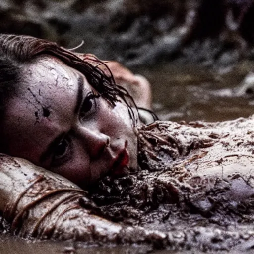 Image similar to film still, close up, daisy ridley as rey rising out of muddy vietnam river with a fierce look, face covered in mud, low camera angle at water level, night time, film still from apocalypse now ( 1 9 7 9 ), 2 6 mm.