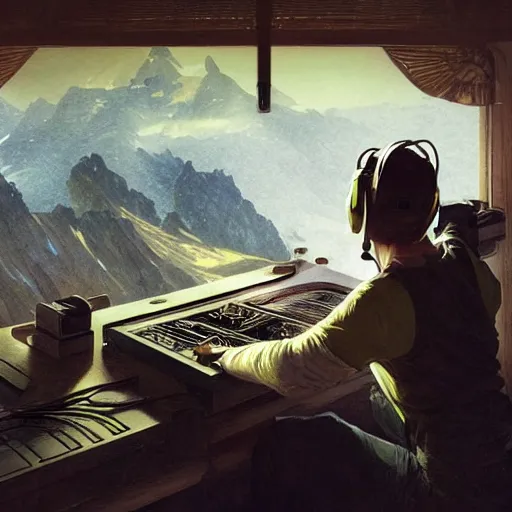 Image similar to a male dj mixing his music alone on the top of a mountain, highly detailed, digital painting, Artstation, concept art, dreamy, smooth, sharp focus, illustration, art by Greg Rutkowski, Alphonse Mucha