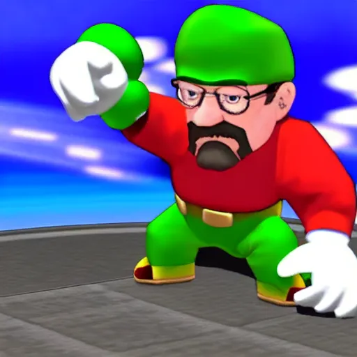 Prompt: walter white fighting kirby in super smash bros gamecube graphics