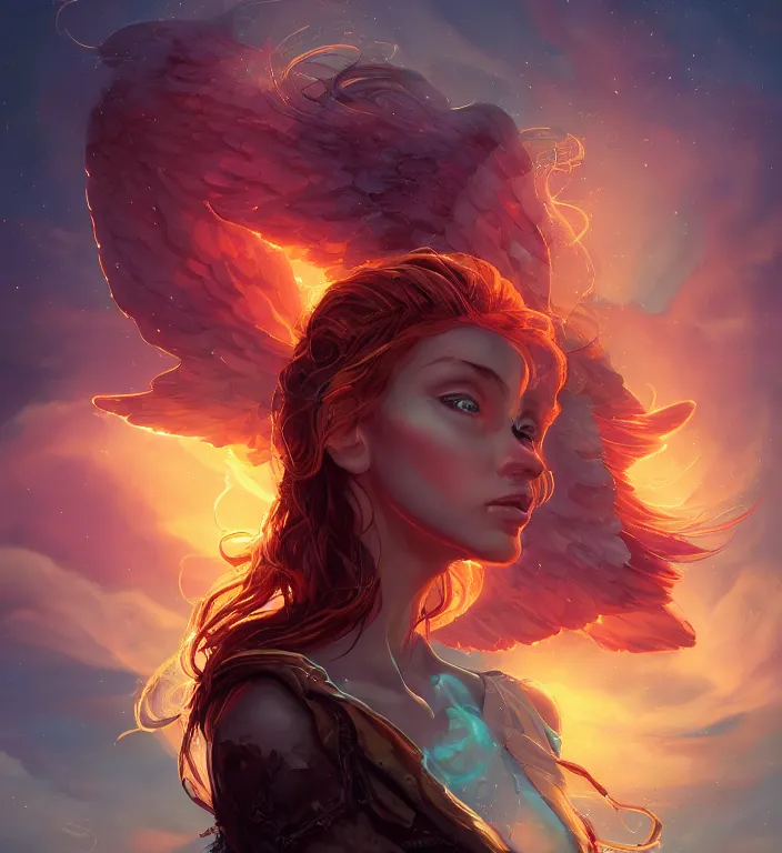 Image similar to centered waist up portrait photography an angel + glowing outlines, dissolve to energy particles of light + bokeh + strong DOF + 8k, photorealistic + composition by Peter Mohrbacher + line work by Dan Mumford , ultra realistic + backlit + strong rimlight, sunset + HDRI, HD, Photoreal