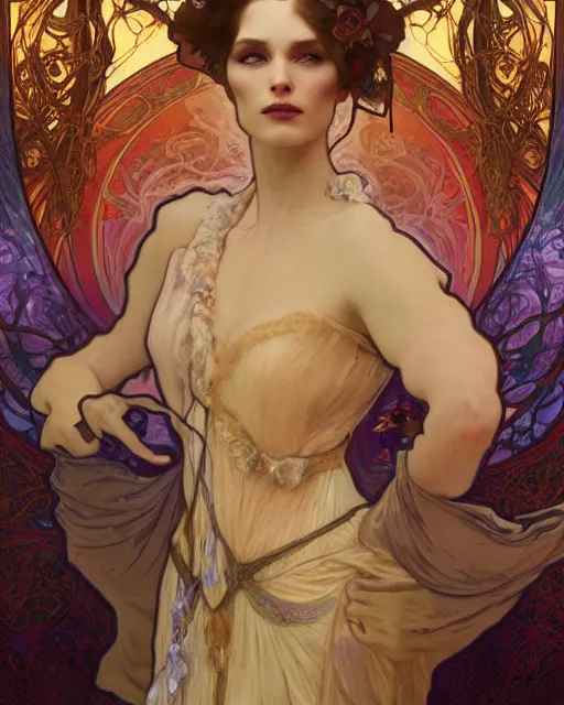 Image similar to alfons mucha and wlop detailed portrait digital rococo painting of a beautiful serious villainess wearing fantasy clothing like liliana vess, villainess has black angel wings, evil mood, hellish battlefield in the background, unreal engine, embers flying, hyper realism, realistic shading, cinematic composition, blender render, octane render, ultrawide shot