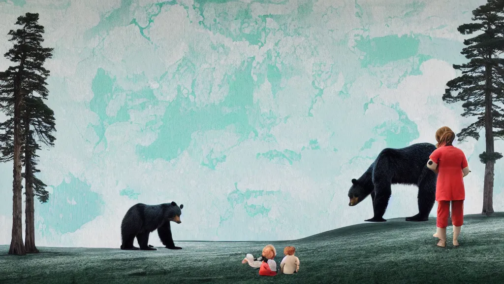 Image similar to a mama and baby bear at a seaside landscape with sequoia trees, japan, a collage painting, in the style of wes anderson, lola dupre, david hockney, isolated on negative white space background dark monochrome neon spraypaint accents volumetric octane render