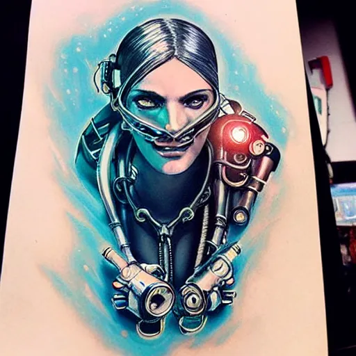 Prompt: cyberpunk underwater diver tattoo design, on white skin, by artgerm