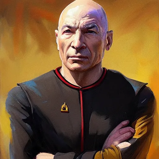 Prompt: greg manchess portrait painting of jean luc picard as overwatch character, medium shot, asymmetrical, profile picture, organic painting, sunny day, matte painting, bold shapes, hard edges, street art, trending on artstation, by huang guangjian, gil elvgren, ruan jia, greg rutkowski, gaston bussiere