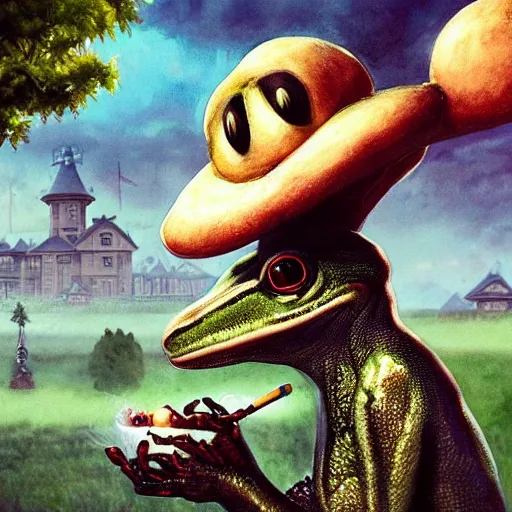 Prompt: A portrait of a scary godlike anthropomorphic frog smoking a cigarette , mansion made of mushrooms in background . award winning. superb resolution. in the art style of junji Ito and greg rutkowski . Detailed Mushroom city in background. Hyper realistic anime. Perfect art. Dalle2