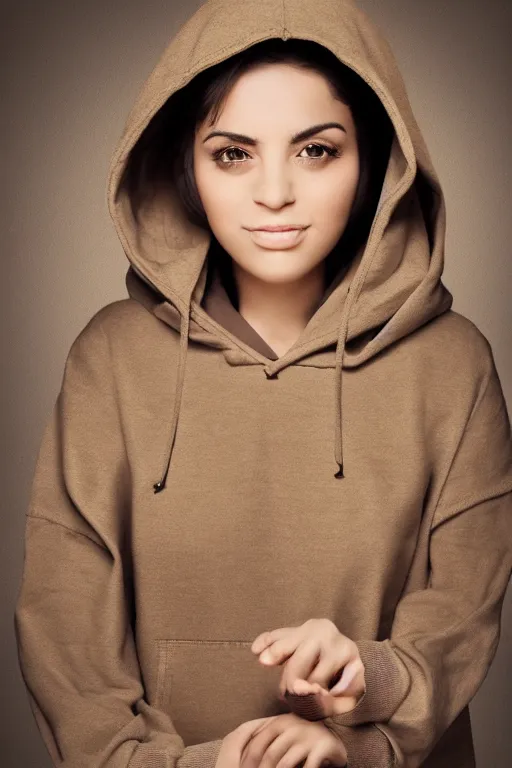 Prompt: short brown hair arab spanish shy young woman in beige hoodie, Diwani calligrapher using bamboo pen, cinematic lighting, hyper-detailed realistic, rule of thirds