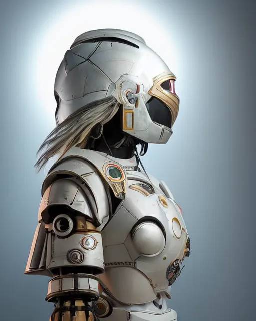 Image similar to centered medium shot fine studio photograph of a young woman wearing only a white solarpunk mecha Mayan helmet with bright lights, ultra-realistic, white background, 8k HDR sunset lit, intricate