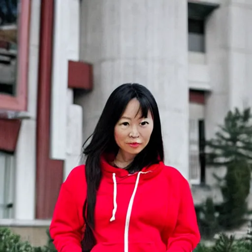 Prompt: chinese canadian woman wearing a red sweatshirt unzipped with a white shirt under it and black skirt with white sneakers.