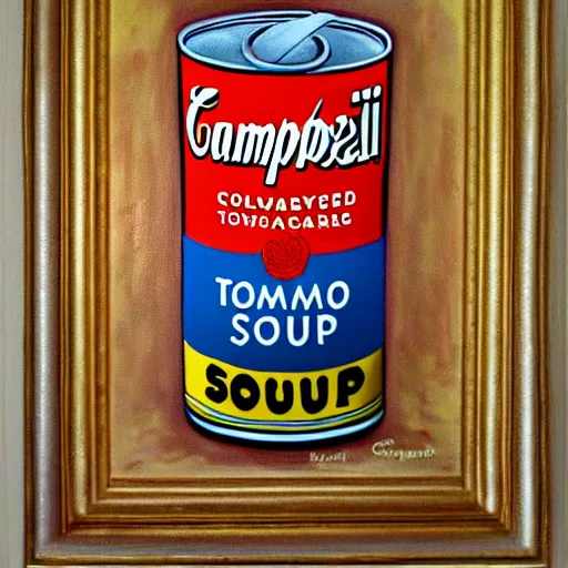 Prompt: pop art, campbell's tomato soup can, oil painting by rembrandt