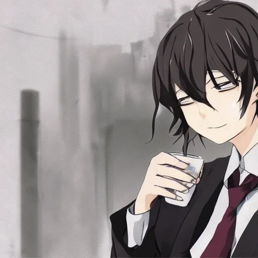 Image similar to Dazai from Bungou Stray Dogs drinking mate