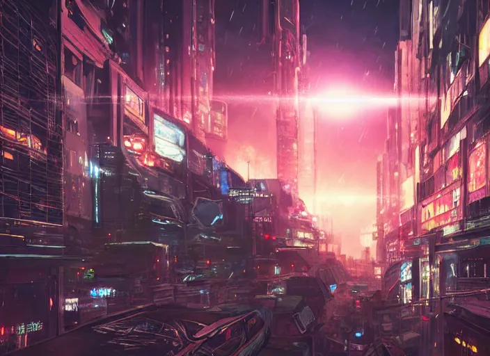 Image similar to meteorite hitting a cyberpunk city at night by wlop, key visual, high detail, digital art