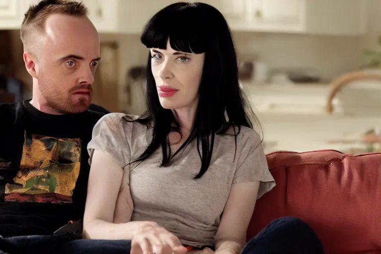 Image similar to a photo of jessie pinkman and jane margolis holding hands watching tv on the sofa, breaking bad, cinematic