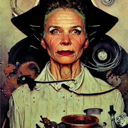 Image similar to Face portrait of a science fiction witch. Painting by Norman Rockwell.