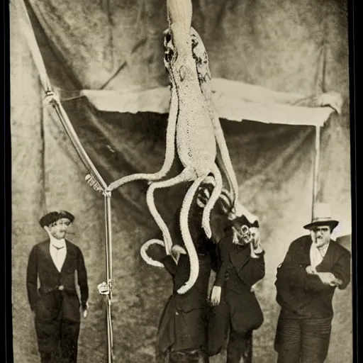 Image similar to giant octupus performing on a circus, 1 9 2 0, vintage photography, colored, realistic