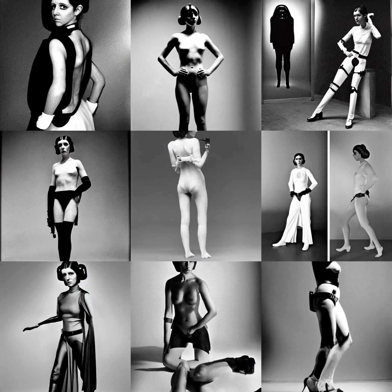 Prompt: a full body model photograph of princess leia by hartmut newton