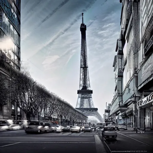 Image similar to A beautiful intricate 8K award-winning cinematic movie photograph of the future Eiffel Tower completely covered in billboards in the year 2043, by Bruno Delbonnel