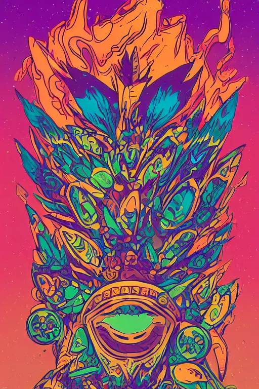 Image similar to animal mask totem roots flower tribal feather gemstone plant wood rock shaman vodoo video game vector cutout illustration vivid multicolor borderlands comics by josan gonzales and dan mumford radiating a glowing aura