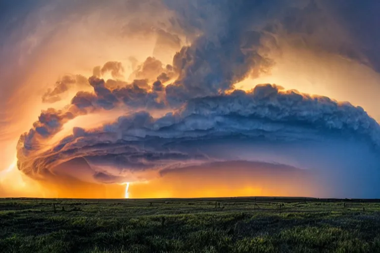 Image similar to a photo of a supercell thunderstorm, illuminated from various angles by the setting sun, cinematic