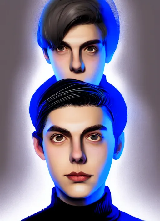 Image similar to portrait of teenage jughead jones wearing a light grey crown, crown, blue turtleneck, closed eyes, photorealistic, black hair, glowing lighting, intricate, elegant, glowing lights, highly detailed, digital painting, artstation, concept art, smooth, sharp focus, illustration, art by wlop, mars ravelo and greg rutkowski