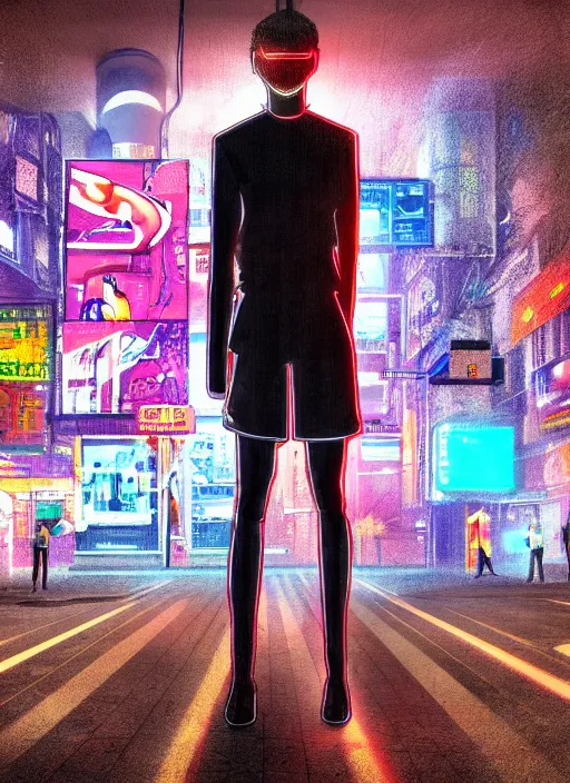 Image similar to Male cyborg wearing a school uniform, standing on street corner lit by a neon sign”, full body shot, cyberpunk, Digital art, detailed, anime