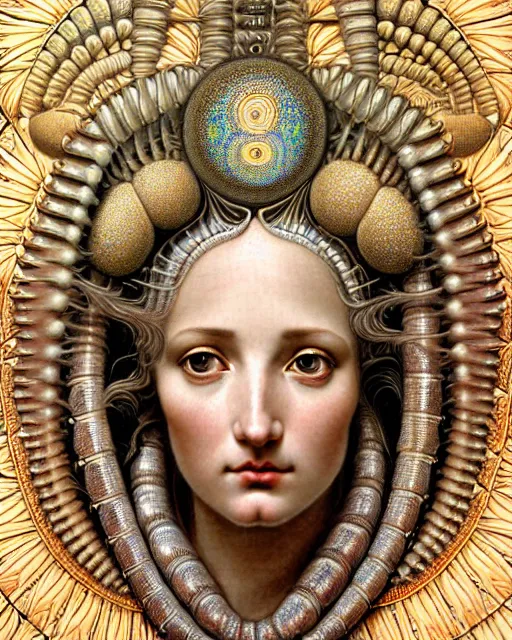 Prompt: hyperrealistic detailed face portrait of the beautiful goddess of the giant isopods with an intricate golden ornamental geometrical fractal giant isopod headdress, art by ernst haeckel, john william godward, android jones, alphonso mucha, h. r. giger, gothic - cyberpunk, ornamental, dimmed pastel colours,