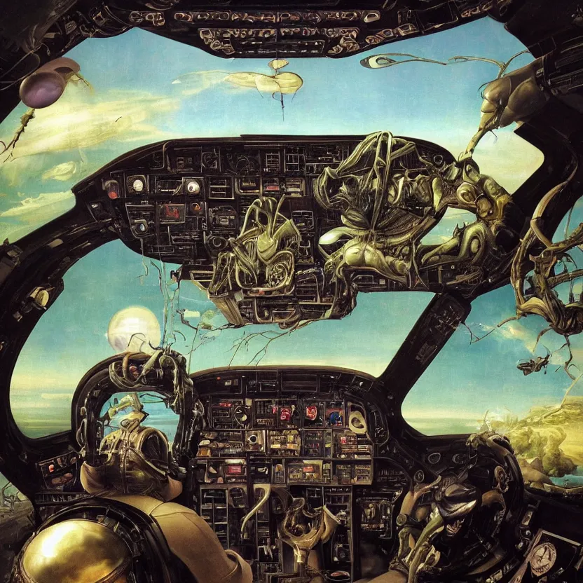 Prompt: the view from inside in spaceship cockpit. an alien controlling the dashboard. decorated with foliage, faberge, and filigree. pulp sci - fi art. baroque period, oil on canvas. renaissance masterpiece