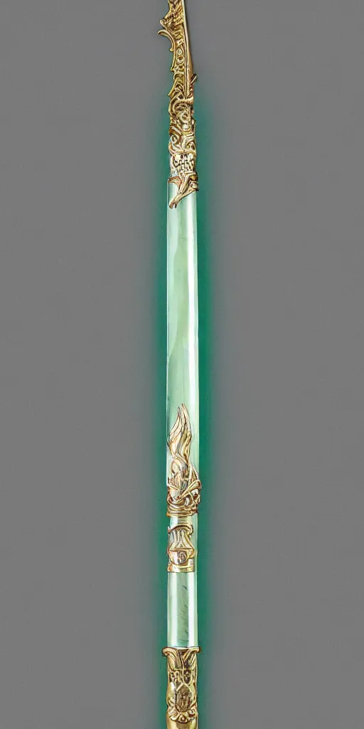 Image similar to photograph of a wide green and teal crystal sword blade attached to a big gold sword hilt