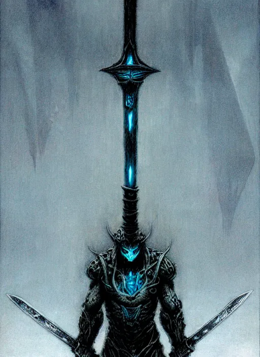 Prompt: Demonic sword in full length with blue glowing runes and eyes on the blade. In the dark, glowing ominously. In style of Beksinski, concept art, highly detailed.