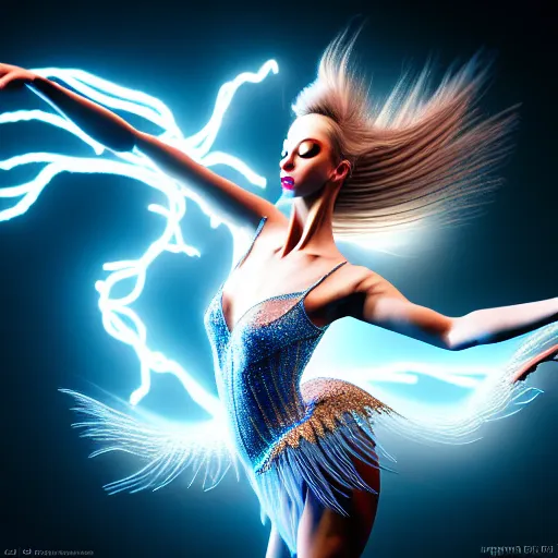 Image similar to photography of a hyper realistic and highly detailed complex fantasy lightnings ballerina electrical energy printed in it. intricate, professional digital art, unreal engine 5 8 k rendering, stunning, artstation