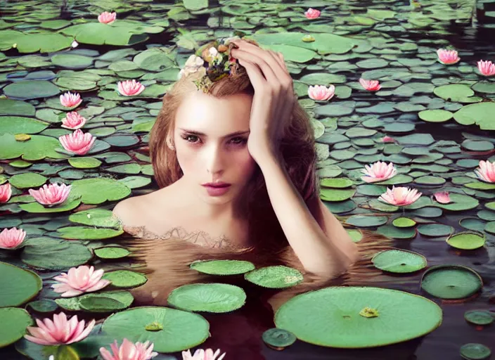 Image similar to Kodak Portra 400, 8K, soft light, volumetric lighting, highly detailed, britt marling style 3/4, photo close-up portrait of extreme beautiful girl floating in water surrounded by lily pads, half face in the water, a beautiful lace dress and hair are intricate with highly detailed realistic beautiful flowers , Realistic, Refined, Highly Detailed, natural outdoor soft pastel lighting colors scheme, outdoor fine art photography, Hyper realistic, photo realistic