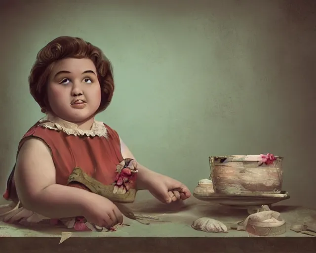 Image similar to very stylized old photo portrait of a fat sweet little girl sculpting a house on the wall, full body. long shot. beautiful hands, flowery cloth. subsurface scattering shiny skin. beautiful lighting, 4 k post - processing, trending in art station, cg society, highly detailed, 5 k extremely detailed, 3 d. cinematic scene. sharp details. bokeh