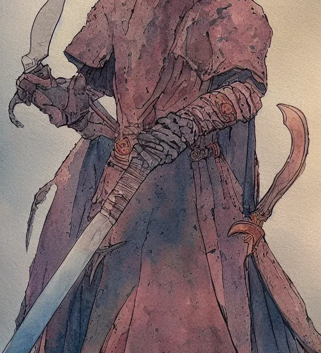 Image similar to a watercolor ink painting of a warmage holding an executioner's sword in the style of jean giraud in the style of moebius trending on artstation deviantart pinterest detailed realistic hd 8 k high resolution