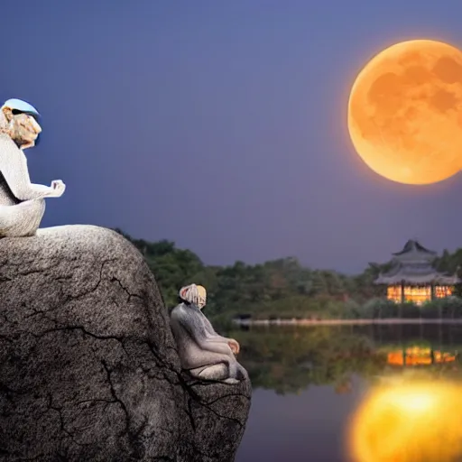 Image similar to photo of a meditating monkey on a chinese stone forest at night with the giant moon begind,