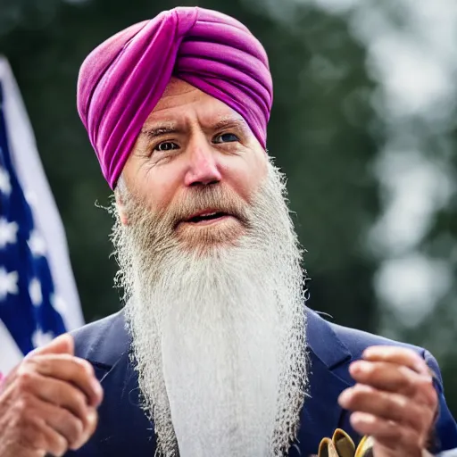 Image similar to a portrait of joe biden wearing a long beard and a turban joining the taliban, fine details, close up, 8 k photography, depth of field, bokeh. i