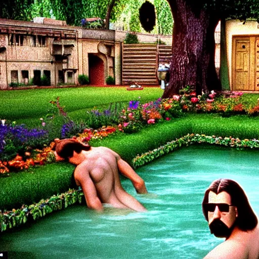 Image similar to hyperrealism photography computer simulation visualisation of parallel unreal universe detailed old bath in the detailed ukrainian village garden in dramatic scene from movie the big lebowski ( 1 9 9 8 )