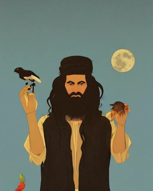 Image similar to portrait of a man with long black hair and beard holding a bird in his hands, full moon in the background, fine portrait, beautiful, concept art, by tomer hanuka, by jan vermeer