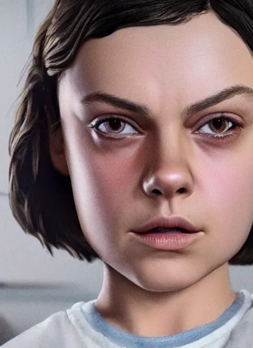 Prompt: Mila Kunis with a buzzcut cast as Eleven, still from Stranger Things movie, hyperrealistic, 8k, Octane Render,