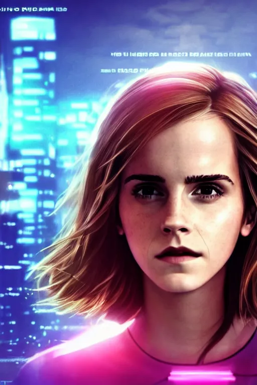 Image similar to Emma Watson, head and shoulders movie poster, the background is a huge futuristic city, cyberpunk style futuristic neon lights, artstation cgsociety masterpiece highly-detailed