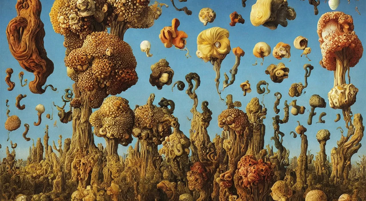 Image similar to a single colorful! ( lovecraftian ) fungus tower white! clear empty sky, a high contrast!! ultradetailed photorealistic painting by jan van eyck, audubon, rene magritte, agnes pelton, max ernst, walton ford, andreas achenbach, ernst haeckel, hard lighting, masterpiece