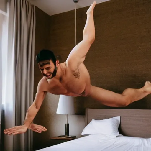 Image similar to a man doing a belly flop on the bed