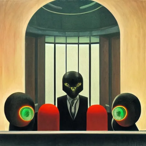 Image similar to three brutalist judges with glowing eyes, inside a dome, pj crook, grant wood, edward hopper, syd mead, chiaroscuro, oil on canvas