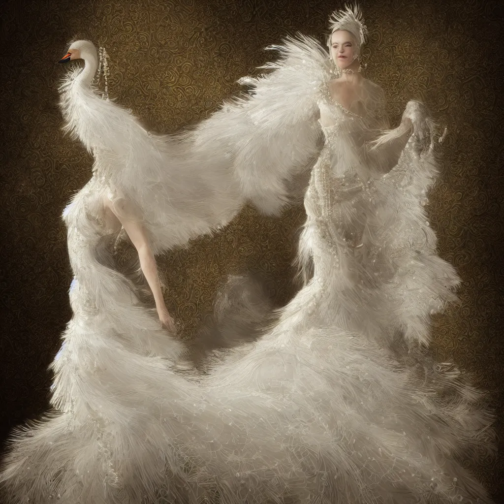 Image similar to a lady with a decorated dress made of white pearls and white plumes of swan highly detailed digital _ painting, cinematic, volumetric lighting, f 8 aperture, cinematic