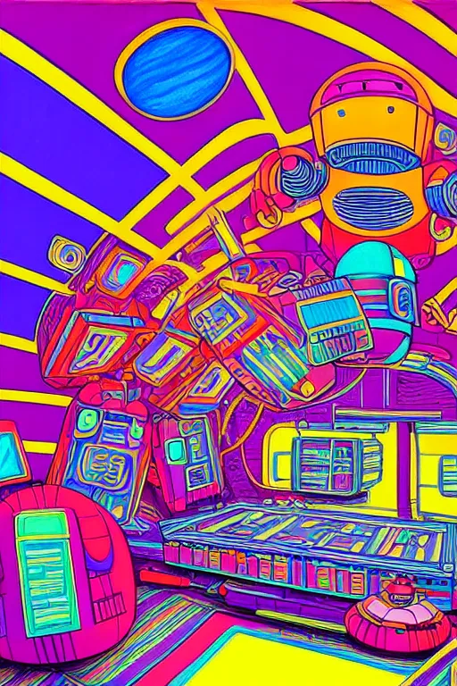 Prompt: a brightly colored drawing of a room with a bed in an 8 0 s art deco international space station, robots, led screens, droids, a detailed painting by lisa frank, james jean, kilian eng, moebius, featured on deviantart, psychedelic art, psychedelic, dmt