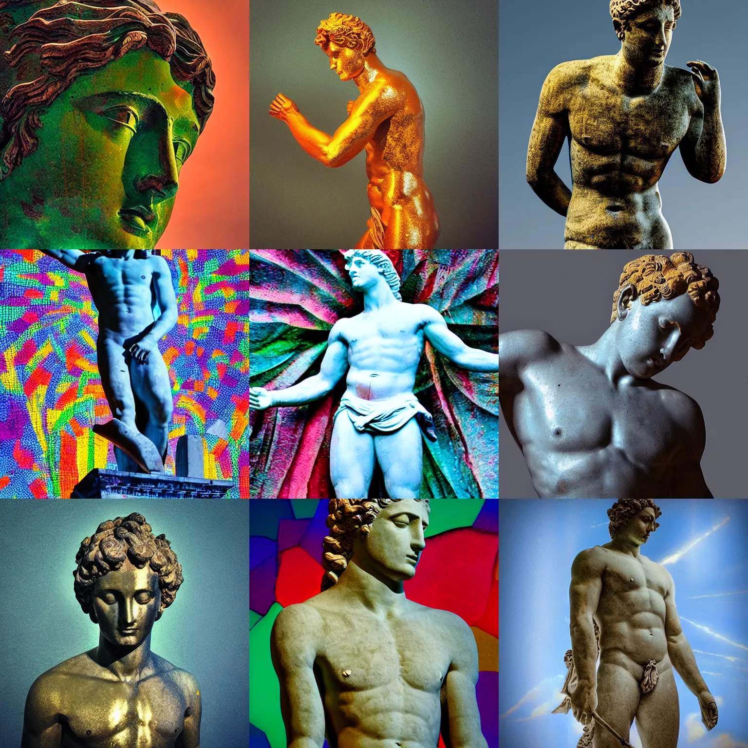 Prompt: “Apollo statue made of huge pieces of colored glass, detailed but rough, 4k photo, great light and shadows”