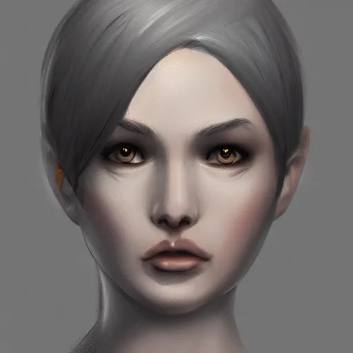 Image similar to concept art of a female character, quarter view, face only, shoulders can be seen, short hair, gray background, trend on artstation, HD, digital painting