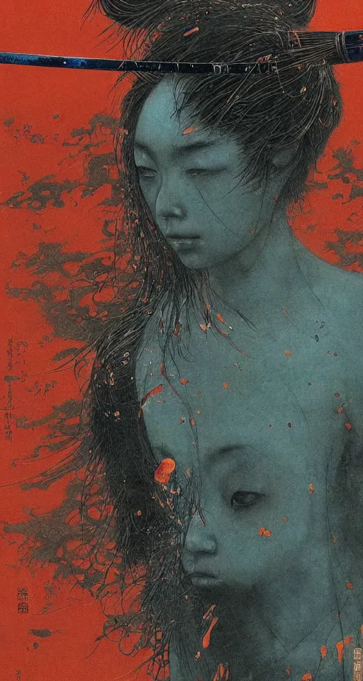 Image similar to Japanese schoolgirl runs away from Samurai with a katana on the subway, high detailed Beksinski painting, part by Adrian Ghenie and Gerhard Richter. art by Takato Yamamoto. masterpiece, deep colours, blue