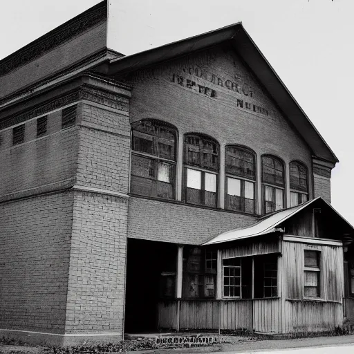 Prompt: a black and white photo of an old building by Dorothea Lange, featured on flickr, northwest school, 1920s, 1970s, 1990s