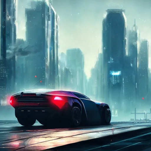 Prompt: A cyberpunk car flying trough the city, Magic the Gathering art, art by greg rutkowski, matte painting, trending on artstation, very detailed