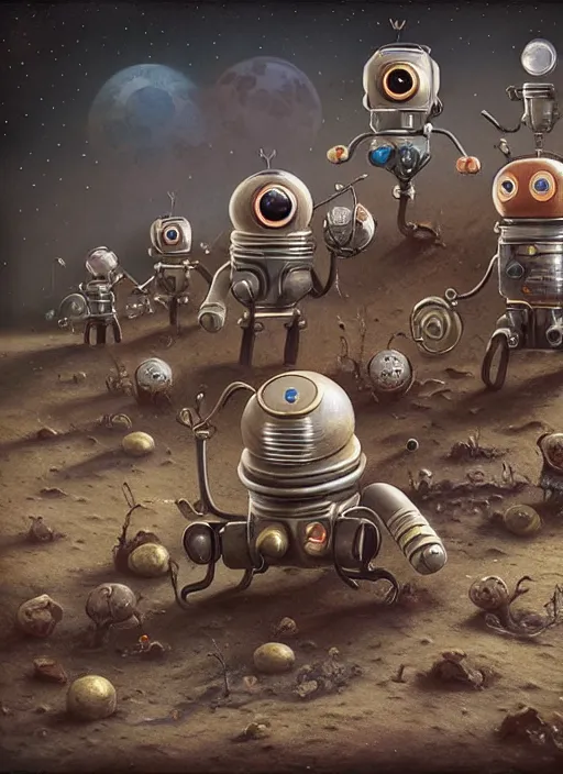 Image similar to highly detailed closeup, group portrait of a 1 8 8 0 s retro toy robots land on the moon, unreal engine, nicoletta ceccoli, mark ryden, earl norem, lostfish, global illumination, detailed and intricate environment