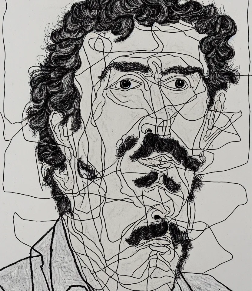 Prompt: detailed line art portrait of ezra pound, inspired by egon schiele. caricatural, minimalist, bold contour lines, musicality, soft twirls curls and curves, confident personality, raw emotion